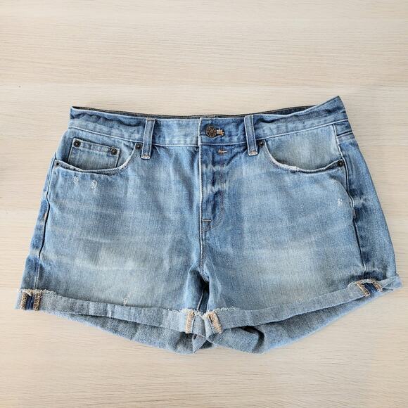 J Crew Distressed Denim Jean Shorts Rolled Hem Medium Wash Mid Rise Cotton 27 - Picture 1 of 10